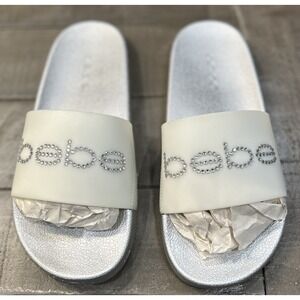 BEBE Women's Dalia Silver Frost Slide Sandals White Size 8M Rhinestones NEW